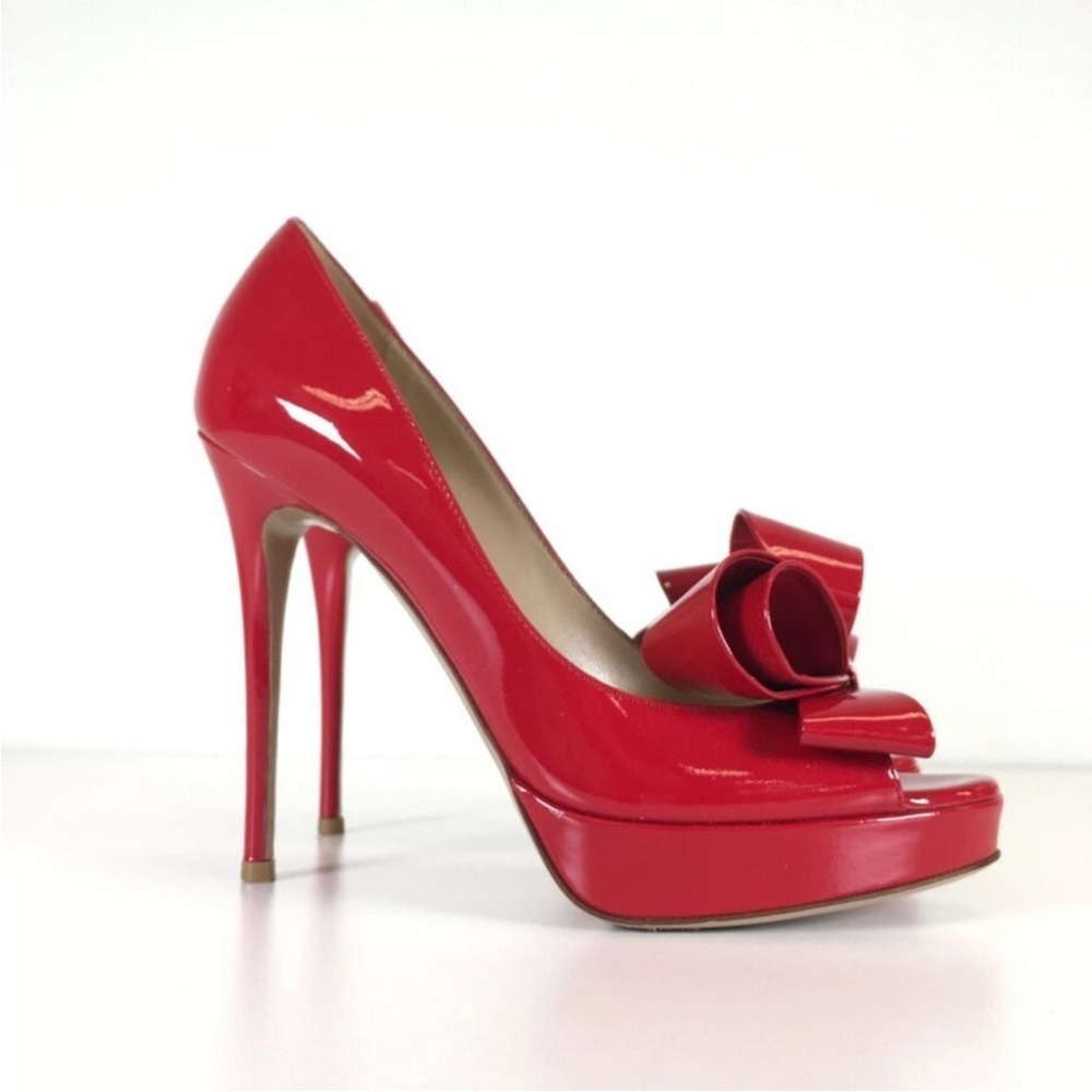 Valentino Red Bow Peep-Toe Heels - Picture 2 of 3